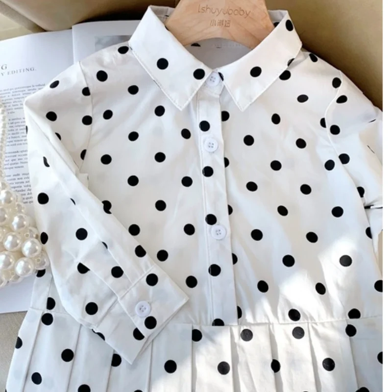 Fashion Baby Girl Cotton Shirt Dress Long Infant Toddler White Dot Pattern Blouse Summer Autumn Spring Outfit Baby Clothes 1-10Y