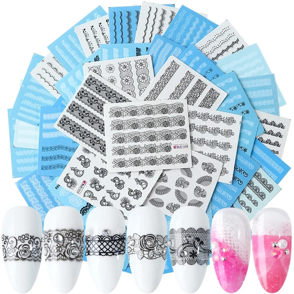 

40Sheets Design 3D Nail Sticker Lace Flower Design Nail Sticker Decal Water Transfer White Black Tips Women Makeup Sets