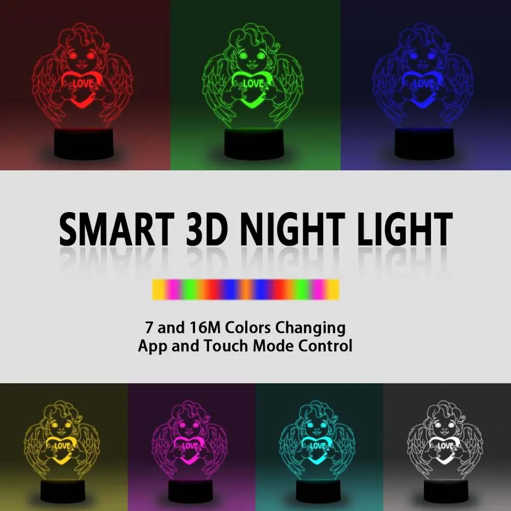 NiteApps 3D Ангел с сердцем ночник настольная Иллюзия украшение лампа подарок на день рождения приложение/сенсорный контроль