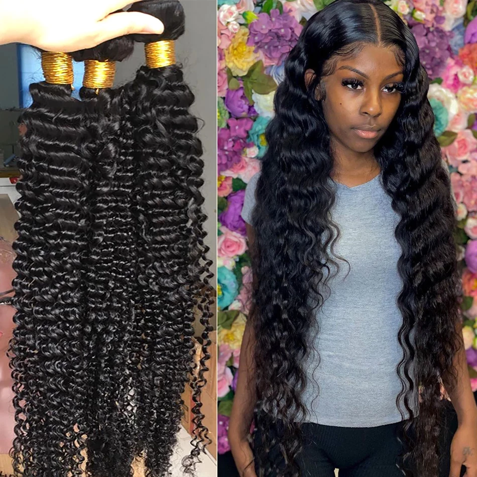 Deep Wave 28 30 32 40 Inch Remy Brazilian Hair Weave Human Bundles Natural Color Water Curly 100% Extension | Шиньоны и парики