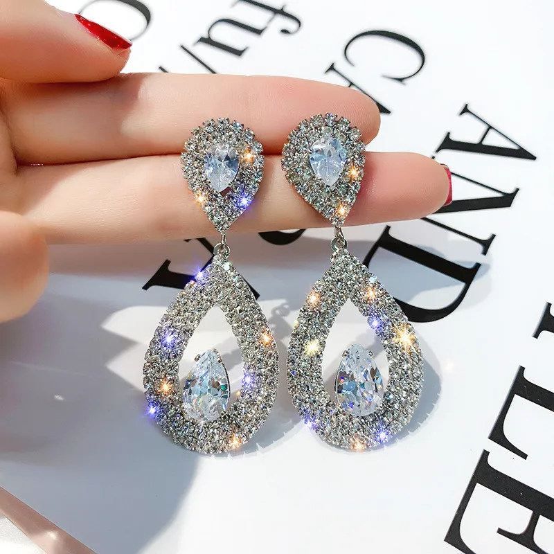 

FYUAN Shiny Rhinestone Geometric Drop Earrings for Women Bijoux Silver Color Water Drop Crystal Dangle Earring Wedding Jewelry