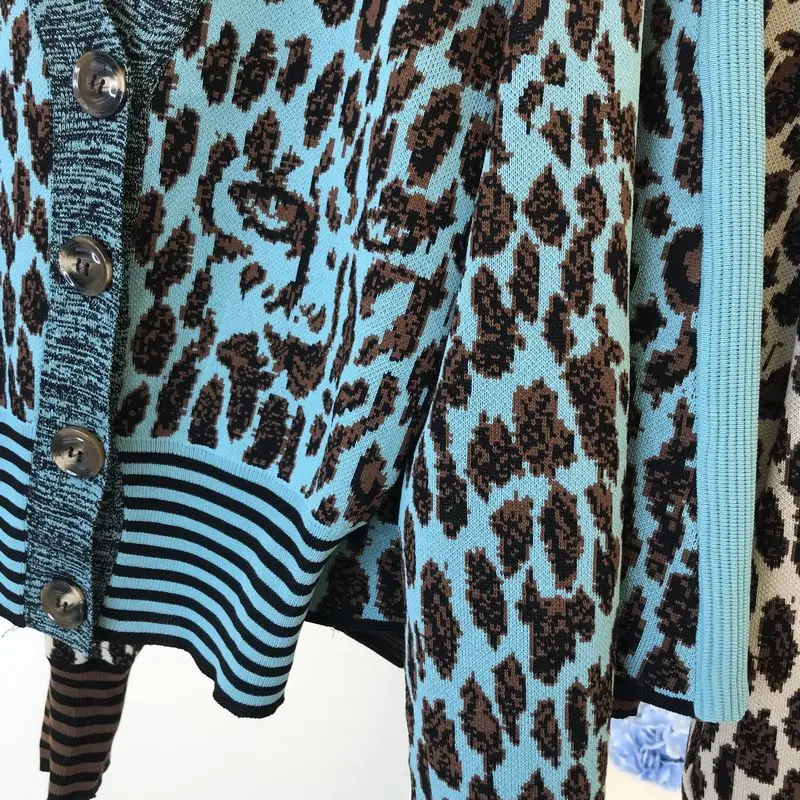 Новые весенние осенние винтажные леопардовые вязаные женские комплекты однобортные с v-образным вырезом полосатые короткие пальто с высокой талией юбки Mw803