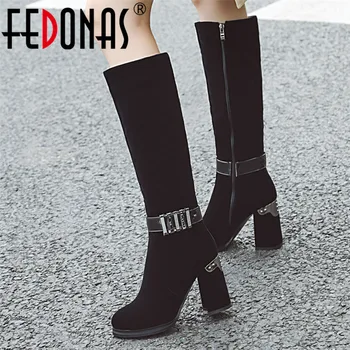 

FEDONAS Elegant Flock Women Warm Winter High Heels Knee High Boots 2020 Plus Size Chelsea Boots Platforms Basic Long Shoes Woman