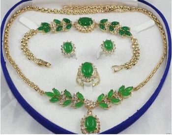 

+++902 pretty real green Jade Necklace Bracelet Ring Earring Set