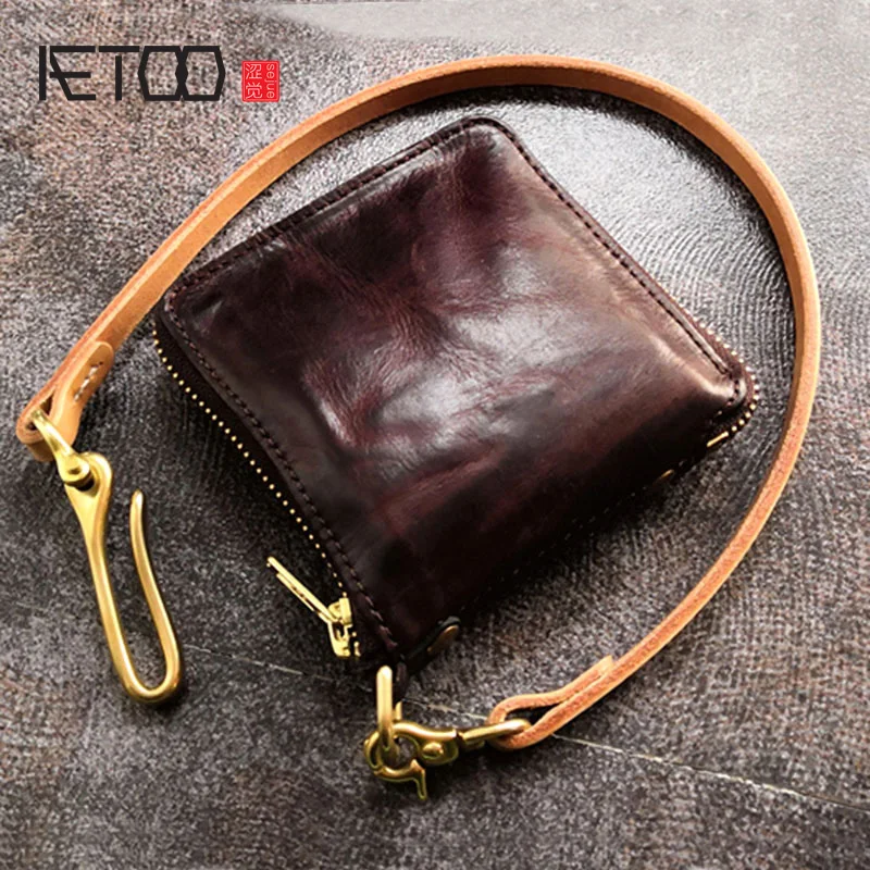 

AETOO Leather short wallet leather wallet men's short retro head layer cowhide old fold wallet copper chain zipper bag