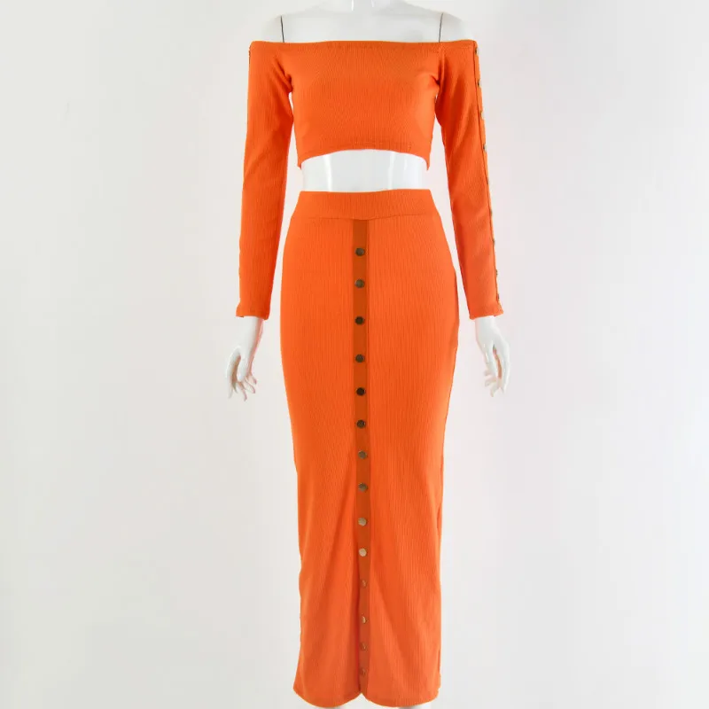 Укороченный топ и юбка-карандаш, наряды для девочек, с открытыми плечами, на пуговицах, обтягивающие, с разрезом, трикотажные женские комплекты, зимний сексуальный облегающий комплект из двух предметов - Цвет: Orange