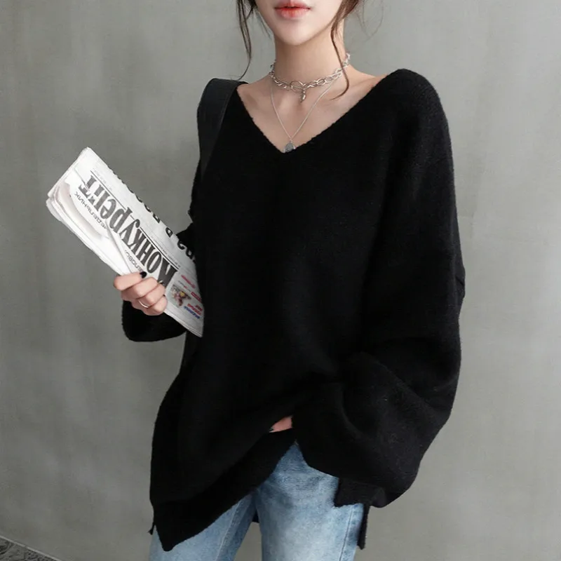 Women Autumn Oversized V Neck Full Sleeve Cozy Cashmere Sweater Loose Knitted Pullovers Solid Color Casual Jumpers
