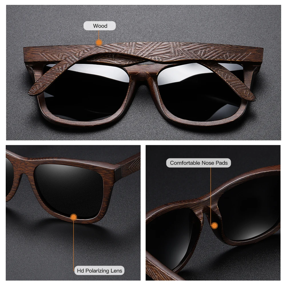 GM Natural Bamboo Wooden Sunglasses Handmade Polarized Mirror Coating Lenses Eyewear With Gift Box