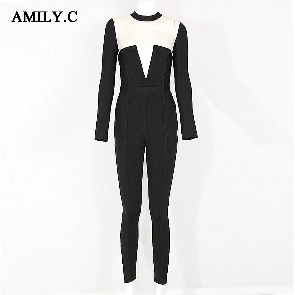 Amily.c 2020 New Spring Women Jumpsuits Sexy Bodycon Mesh Bandage Jumpsuit Celebrity Party Black Wholesale Vestidos | Женская одежда