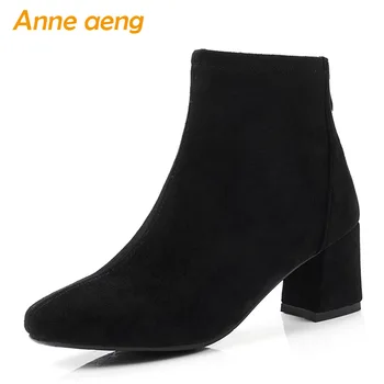 

2019 New Winter Women Ankle Boots High Square Heel Square Toe Solid Zipper Casual Kid Suede Women Shoes Black Short Boots