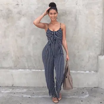 

Office Ladies Women Striped Bow Clubwear Playsuit Bodysuit Party Overall Jumpsuit Strappy Romper Sleeveless Long Trousers Hot