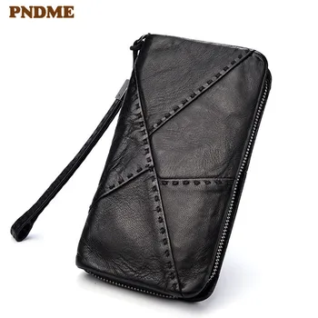 

PNDME fashion handmade designer stitching genuine leather long zipper men's wallet luxury large capacity multi-card phone purse