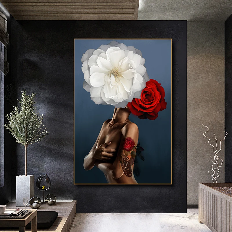 Modern Black Women With Flower On The HeadOil Painting Canvas Print Nordic Poster Wall Art Picture For Living Room Home Decor | Дом и сад