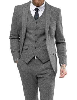 

High-end Men 3 Pieces Suit Formal business Notch Lapel Herringbone Groomsmen Blazer For Wedding(jacket+vest+pants)