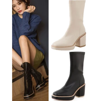 

Siddons 2020 Platform Women Boots Black White Leather Chunky High Heels Square Toe Runway Female Shoe Casual Ladies Martin Boots