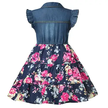 Girls Denim Floral Dress Summer Party Dress with Belt Children Flying Short Sleeve Casual Clothing Baby Girl Kids Fashion Outfit 2