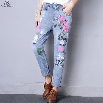 

2017 flower embroidered jeans woman plus size loose vintage blue harem pants Ankle-Length Ripped denim Trousers 4XL 5XL