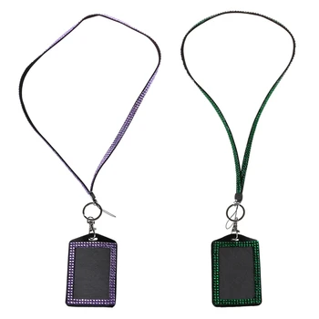 

AAAJ-2 Pcs Rhinestone Bling Crystal Custom Lanyard Vertical ID Badge Holder - Dark Green & Light Purple