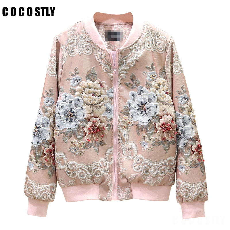 

Autumn Luxury Design Beading Diamonds Women Bomber Jacket Overcoat Korean Floral Print Casual Short Jackets Coat Female Outwear