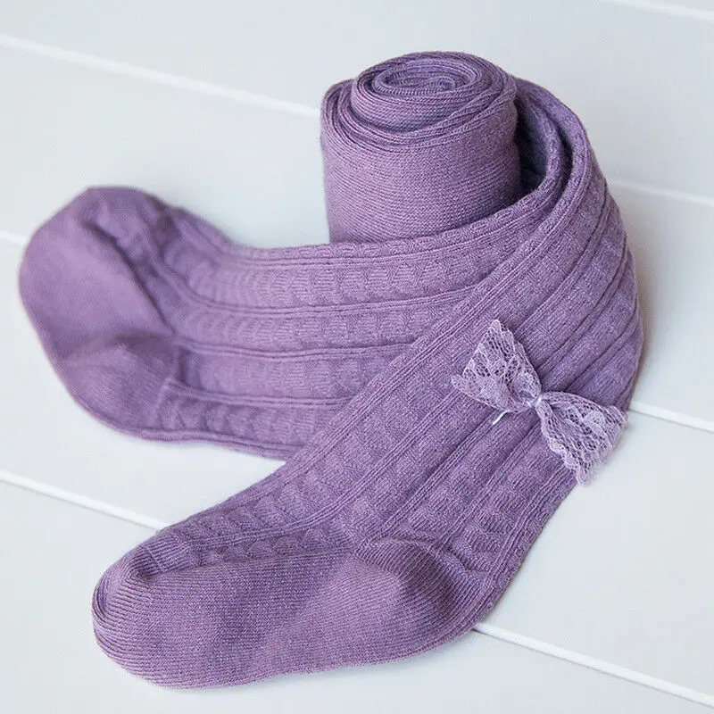 1 пара новых детских носков кружевные Гольфы с бантом для маленьких девочек, мягкие теплые зимние хлопковые носки для малышей Детские вязаные полосатые носки, 5 цветов - Цвет: Light Purple
