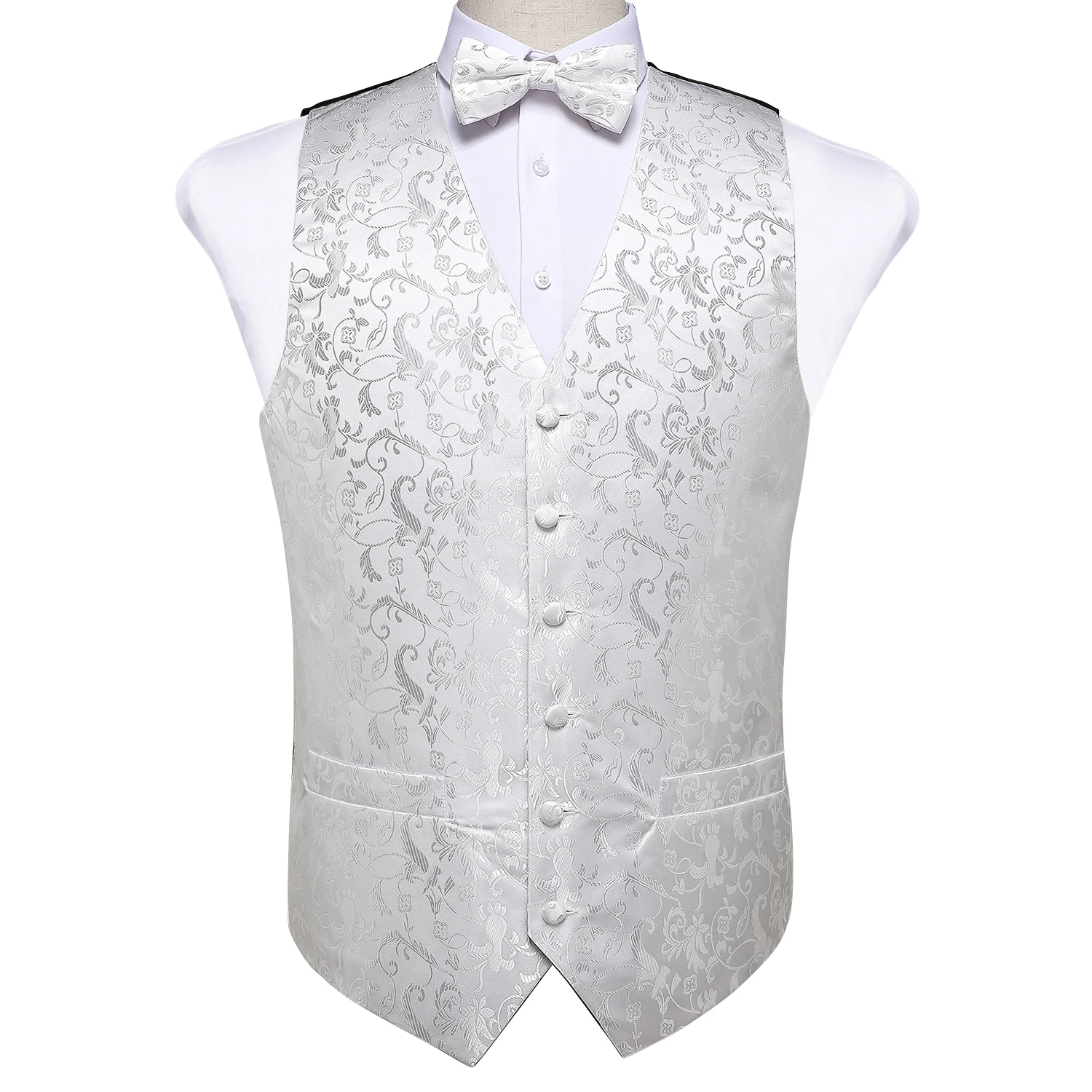 Men's White Floral Fashion Wedding Silk Waistcoat Vest For Men Bowtie Hanky Cufflinks Cravat Set for Suit Tuxedo DiBanGu MJ-116 Men's White Floral Fashion Wedding Silk Waistcoat Vest For Men Bowtie Hanky Cufflinks Cravat Set for Suit Tuxedo DiBanGu MJ-116