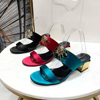 

Hot Sale Summer Shoes Women Leisure Women Slippers Silk Genuine Leather Crystal High Heels Women Slippers Zapatos De Mujer