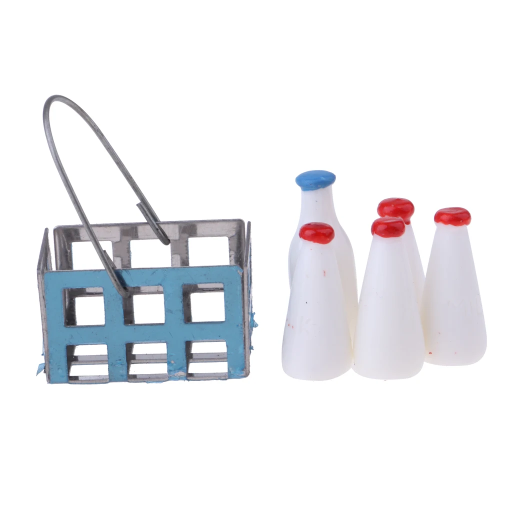 Miniature Milk Bottles and Metal Basket for 1/12 Dolls House Kitchen Decoration