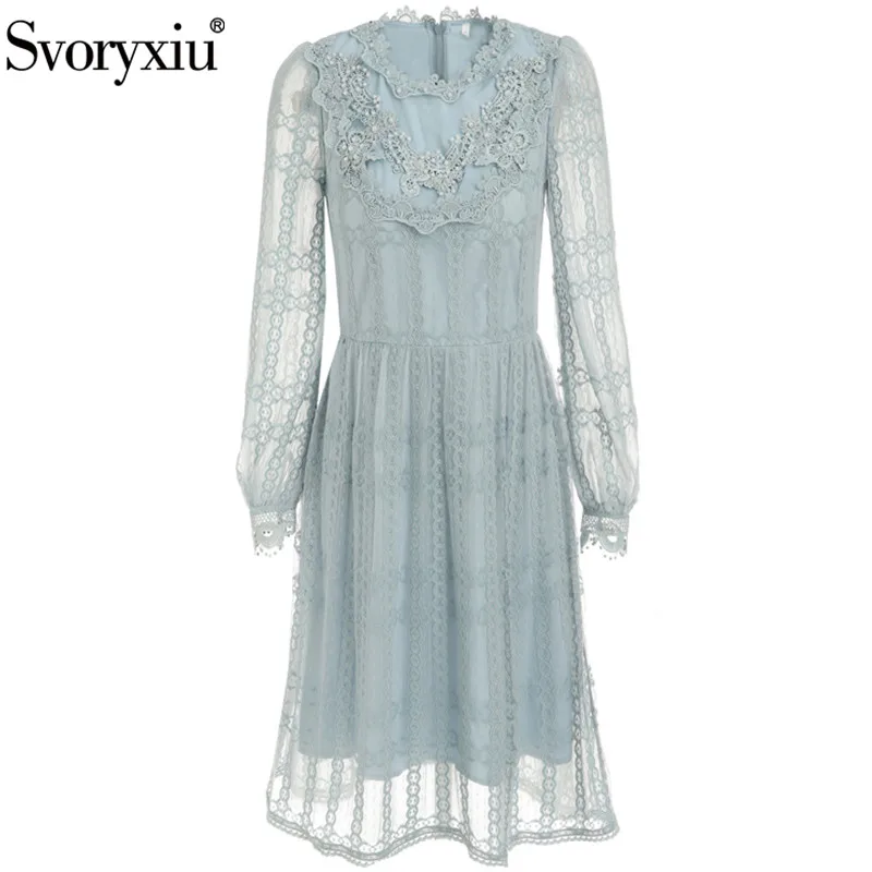 

Svoryxiu Elegant Hollow Out Embroidery Blue Lace Dresses Women's Lantern Sleeve Beaded Summer Runway Vintage Dress Vestdios