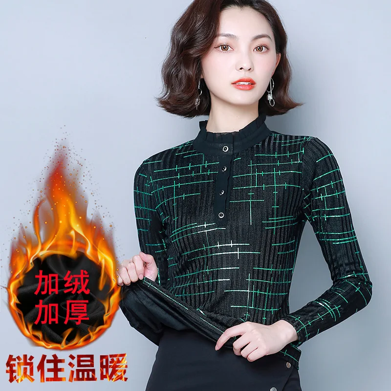 

2019 Autumn And Winter Western Style Slim Fit Tops Women's plus Velvet Long Sleeve Mock-Neck Underwear Lace Gauze Mom Base Shirt