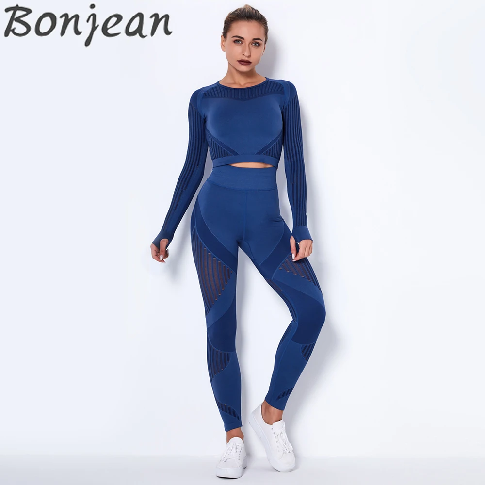 

Women Seamless Gym Sets High Waist Gym Mesh Leggings Shirts Suit Long Sleeve Fitness Workout Sports Running Thin Sport Sets