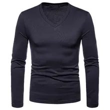 Весна осень зима мужские майки с длинным рукавом сплошной цвет v-образным вырезом рубашки для мужчин хлопок мягкие мужские повседневные рубашки