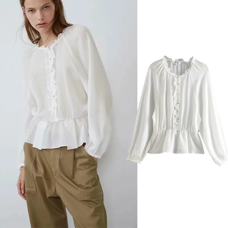 TRAF Za new Bubble Check Women Long-sleeved Shirt 2021 Summer White Black Long Puff Sleve Ruffle hem Blouses Fashion Woman Tops | Женская
