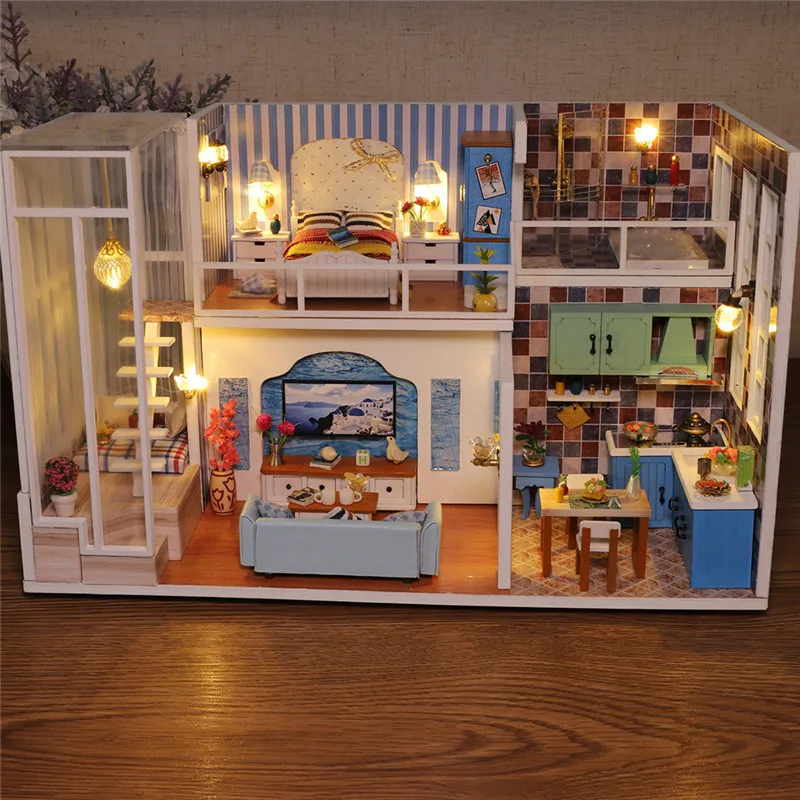 Diy cabin wooden toy 3D Wooden DIY Miniature House Furniture LED House Puzzle Decorate Creative Christmas gifts#4O21