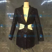 Модный женский костюм с блестками, топы для женщин, певец, DJ, шоу на сцене, черное платье без талии, ds gogo, костюм для выступлений