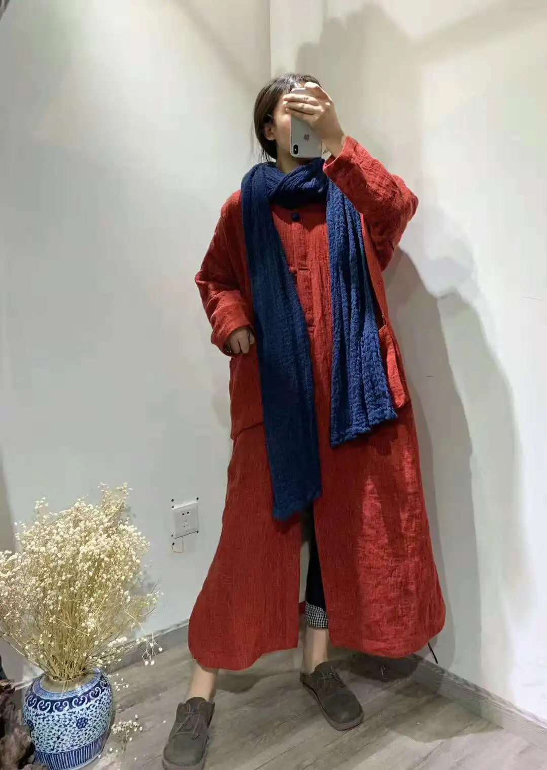 

Origional Retro National Wind Thick Cardigan Mid-length Loose-Fit Coat Stand Collar Pullover Literature And Art Cotton Linen Rob