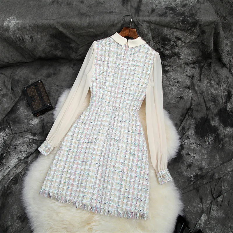 Новое Брендовое модное дизайнерское подиумное осеннее платье для женщин Vestidos Питер Пэн воротник шифон пэчворк твидовый в клетку шерстяные платья
