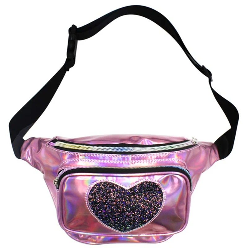 

Holographic Pack Cute Iridescent Waist Bag Heart Sequin Rainbow Bum Bag With Adjustable Belt For Party Festival Rave Trip,Pink