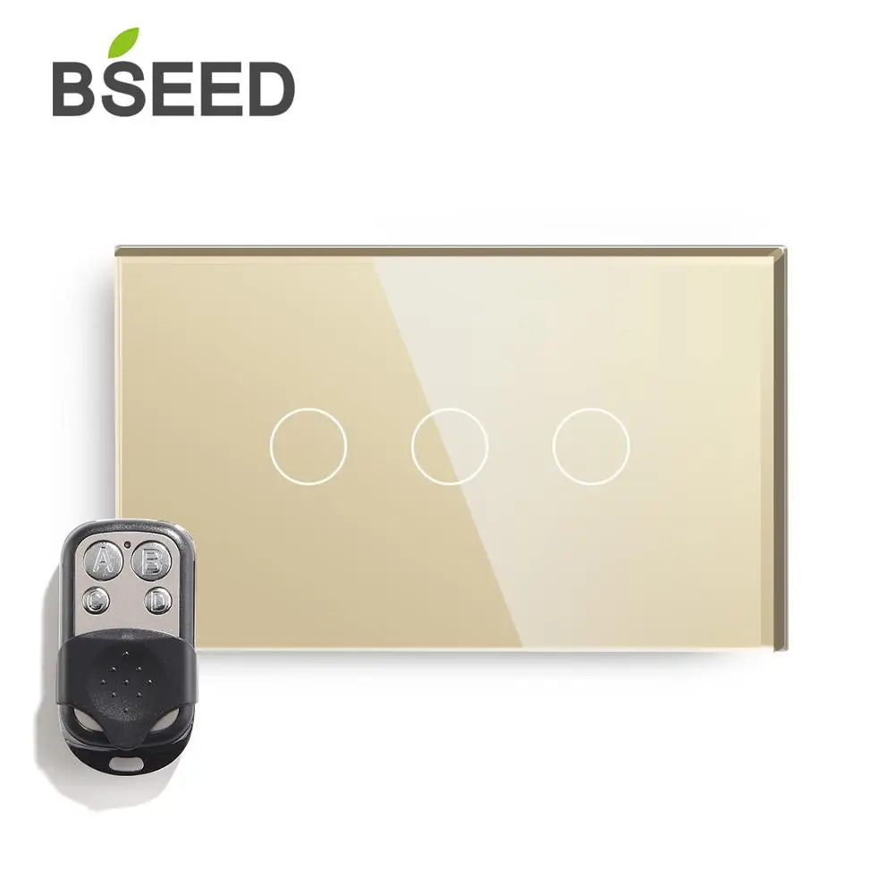 Сенсорный выключатель Bseed US, 3 комплекта, 1 способ, 2 способа, дистанционный светильник, 443 МГц, пульт дистанционного управления, кристалл класса, панель, умный переключатель, включает Пульт дистанционного управления - Цвет: Золотой