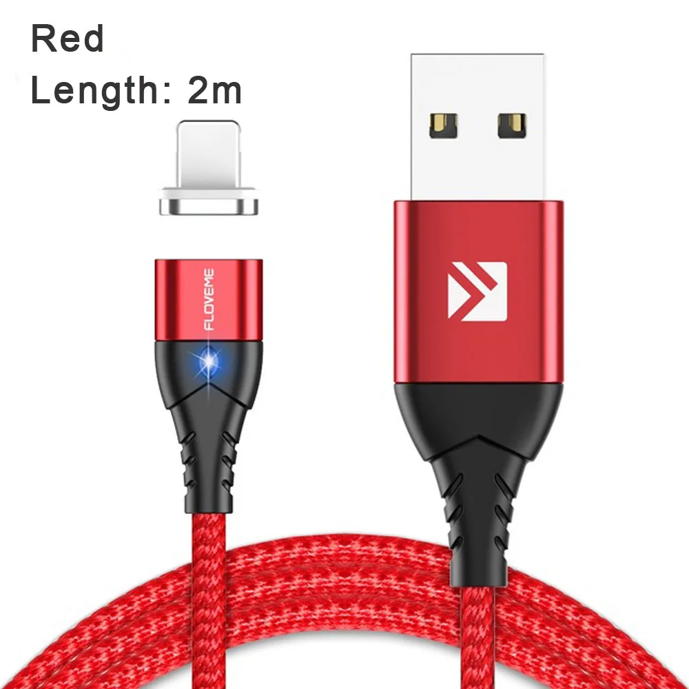 FLOVEME 3A Магнитный Micro USB кабель type C для iPhone кабели 2 м светодиодный магнитный кабель для быстрой зарядки samsung кабель для зарядного устройства - Цвет: 2m Red