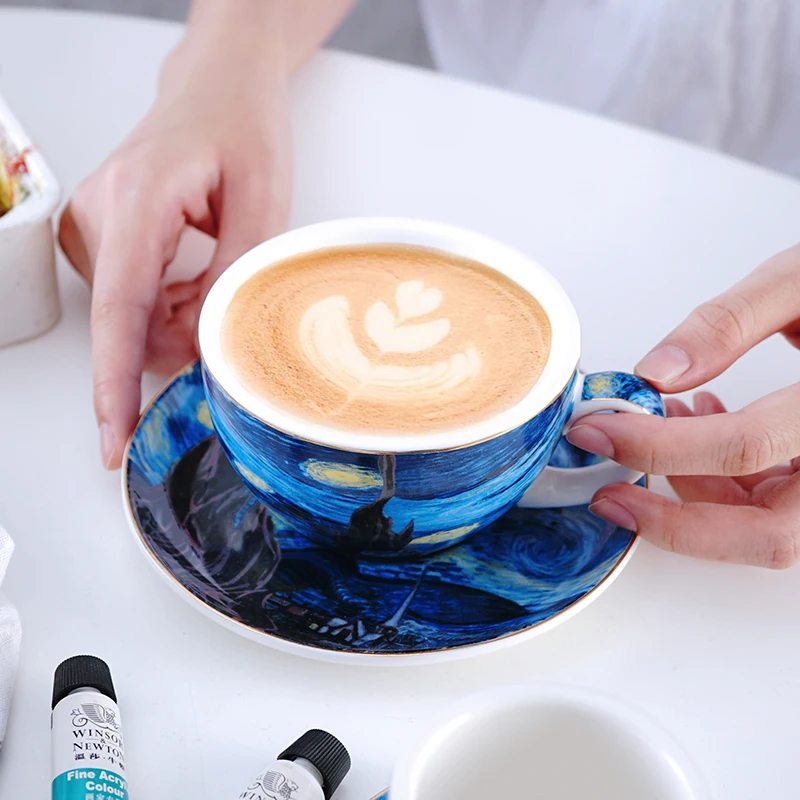 Креативная Звездная фарфоровая кофейная чашка и блюдце с ложкой Ван Гог Художественный набор кофейных чашек послеобеденный чайный набор Декоративная посуда для напитков
