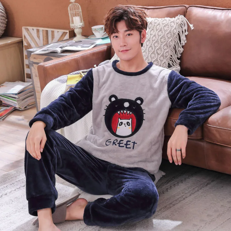Tanie Plus rozmiar 3XL 4XL 5XL 95kg bielizna nocna z długim rękawem zima ciepła piżama flanelowa zestawy druku piżamy długie spodnie męskie męskie zestaw piżamy
