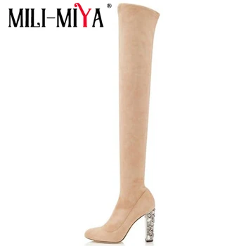 

MILI-MIYA big size 34-43 hot fashion kid suede leather boots round toe over the knee boots women thick high heels zipper boots