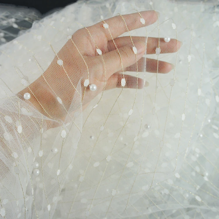 

1yard 160cm wide high quality gold thread beaded pearl mesh lace fabric diy wedding drees skirt clothes accessories