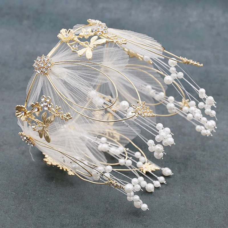 1pcs Handmade Pearl Wedding Bridal Hair Accessories Hair Jewelry Feather Round Princess Crown Tiaras