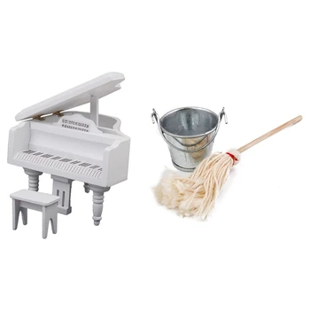 

2 Set 1/12 Dollhouse Miniature Accessories: 1 Set Wooden Piano White & 1 Set Cleaning Supplies Mop Bucket