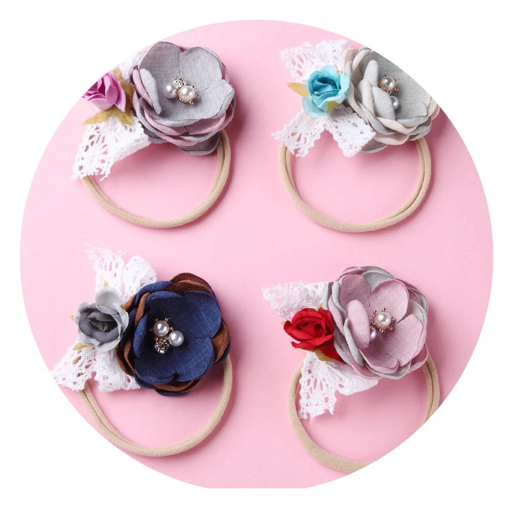 

4pcs/set Flower Lace Chiffon Headwear Crystal Pearl Elastic Nylon Hairband Princess Floral Headbands Baby Girl Hair Accessories