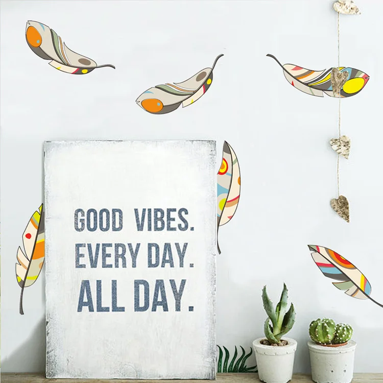 Creative Colored feather Wall Sticker Living room bedroom wall background decoration Decals combination stickers home wallpaper