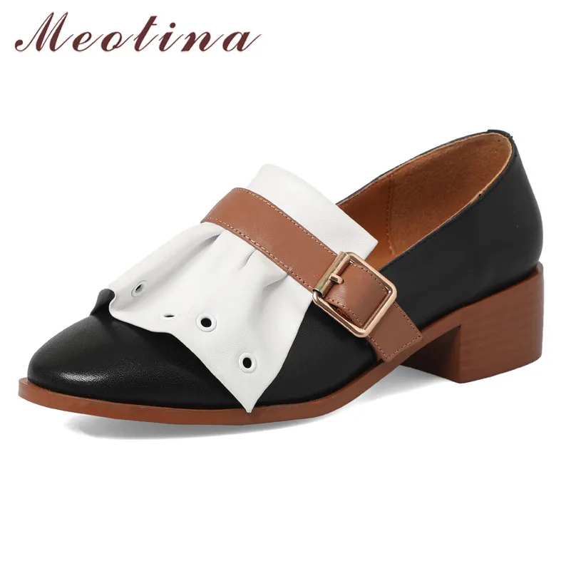 

Meotina High Heels Women Pumps Natural Genuine Leather Buckle Chunky Heels Shoes Mixed Colors Round Toe Shoes Ladies Size 34-39