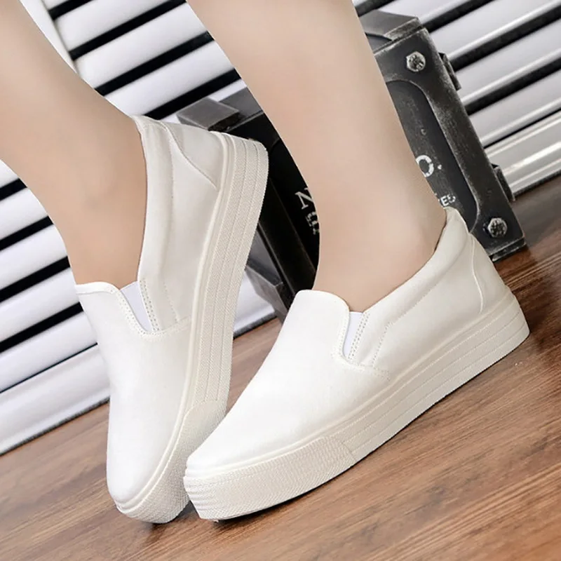 

SHUJIN 2019 Shoes Woman Flat Sneakers Slip On Canvas Lady Loafers Shoes White Black Solid Color Comfort Flat Boat Platform Shoes