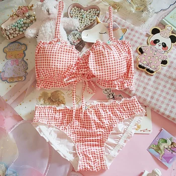 

Small Fresh Japanese Style Bowknot Plaid Ruffle Underwear Panties Brassiere Set No Rims Bra Anime Sexy Cute Lolita Lingerie set